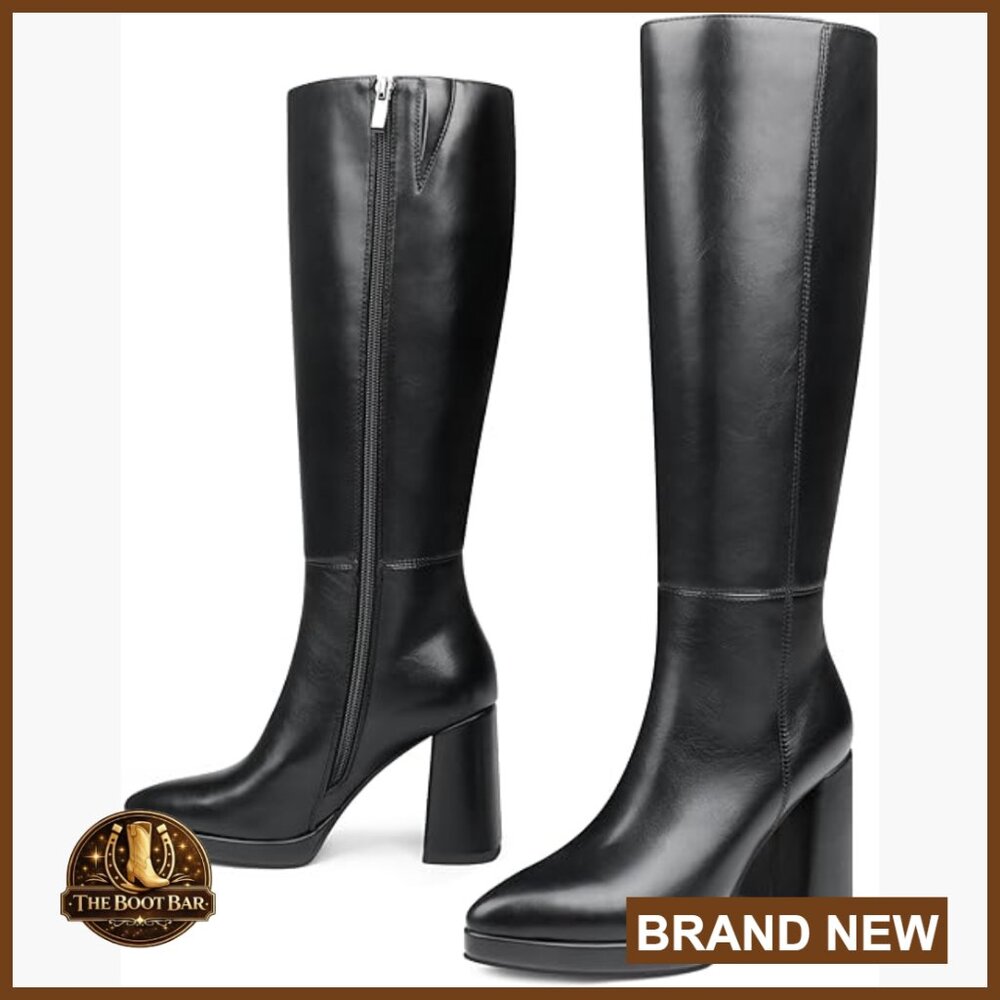 Knee High Boots Pointed Toe Chunky Heel Zipper Dress Boots
